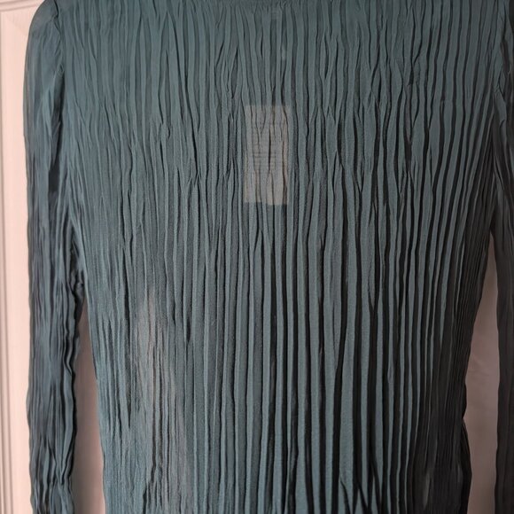 Eileen Fisher | Crinkled Sheer Silk Georgette Bateau Neck Long Top Aegean Green - Picture 9 of 12